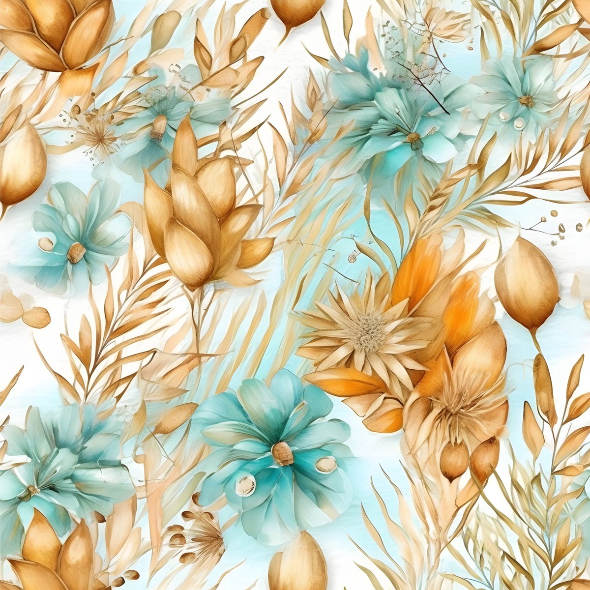 Boho Beach Botanicals Blue Peach Pattern 10 Quilting Cotton Fabric
