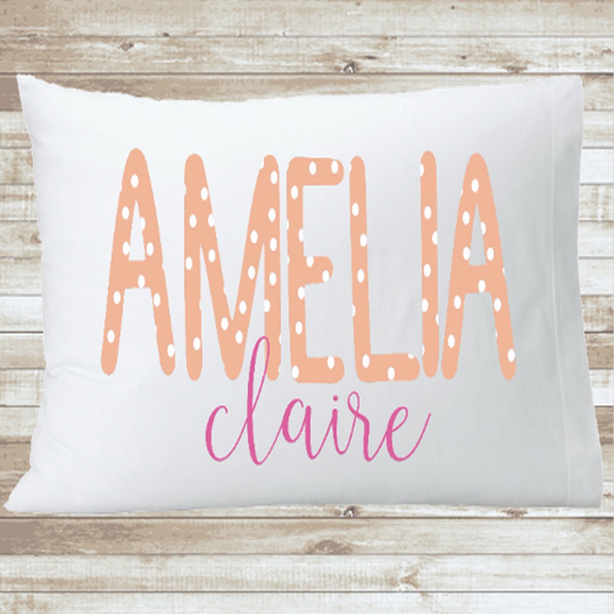 Peach Polka Dot Custom Name Pillow Case, Personalized Kids Pillow, Customize Purple Pillowcase, Baby Shower Gift