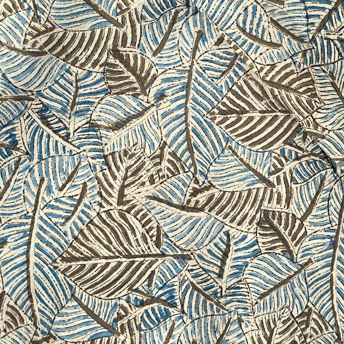 (PRE-CUT 1 METER)Pure Cotton Soft Kalamkari Blue With Dark Green Overlapping Leaves Hand Block Print Fabric