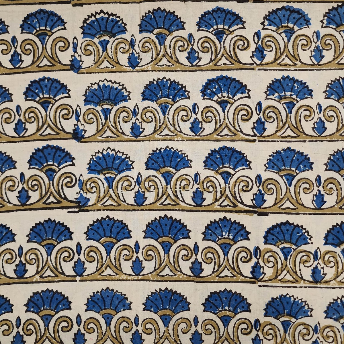 Pure Cotton Ajrak Cream With Bush Border Horizontal Hand Block Print Fabric