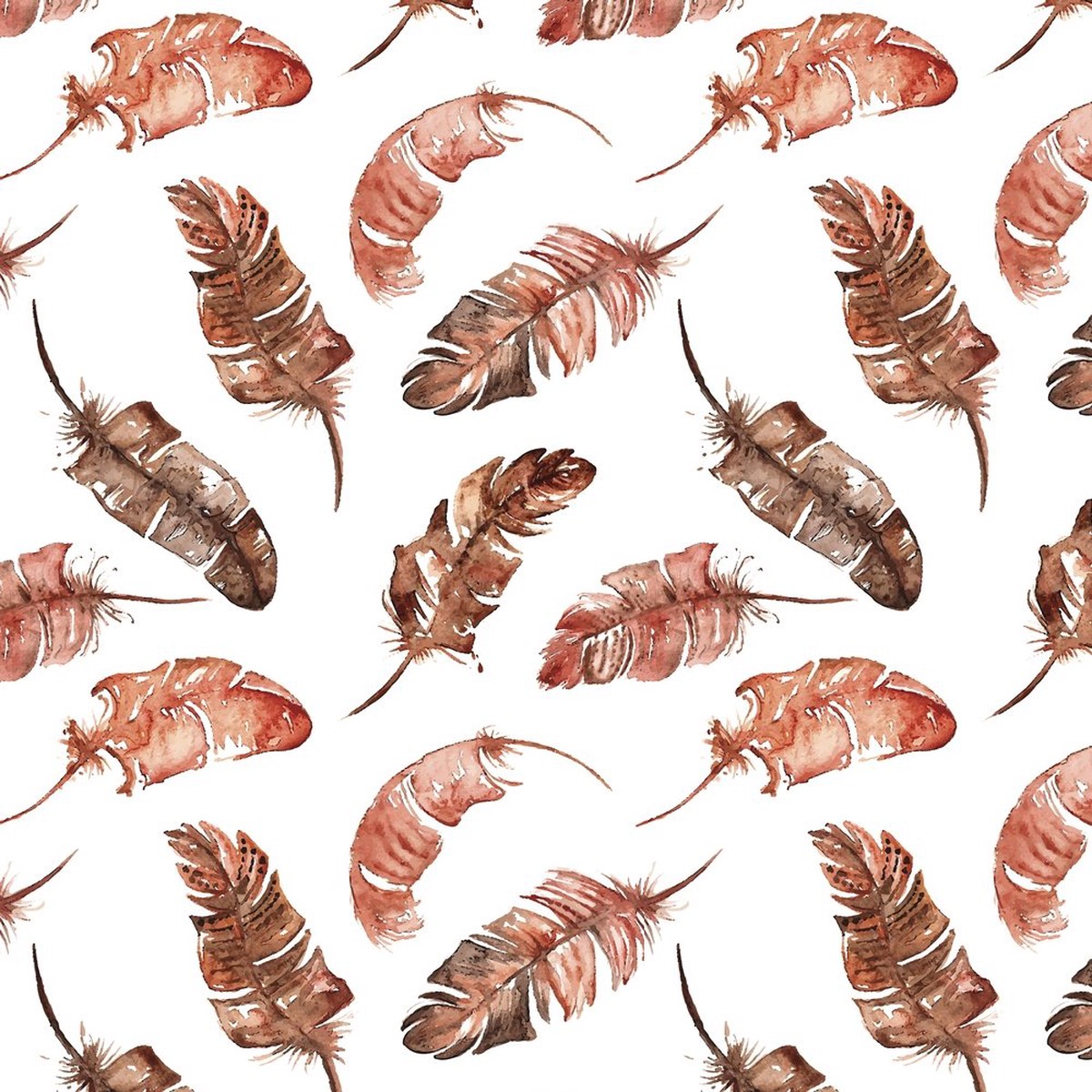 Watercolor Boho Feather Fabric - RedBrown