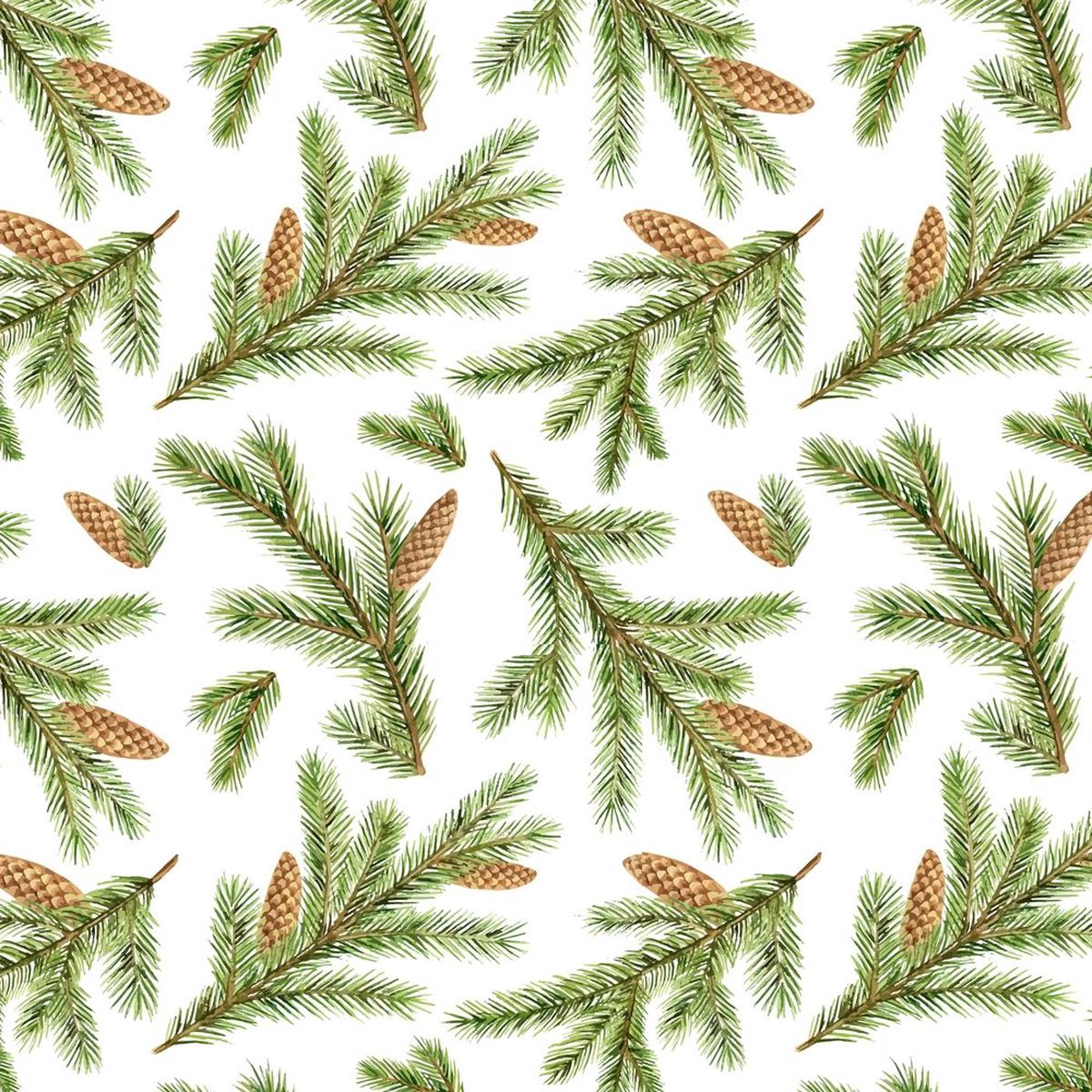 Watercolor Fir Branches Cones Fabric - Green