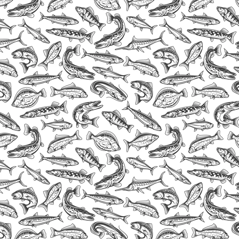 Packed Fresh & Salt Water Fish Fabric - Black