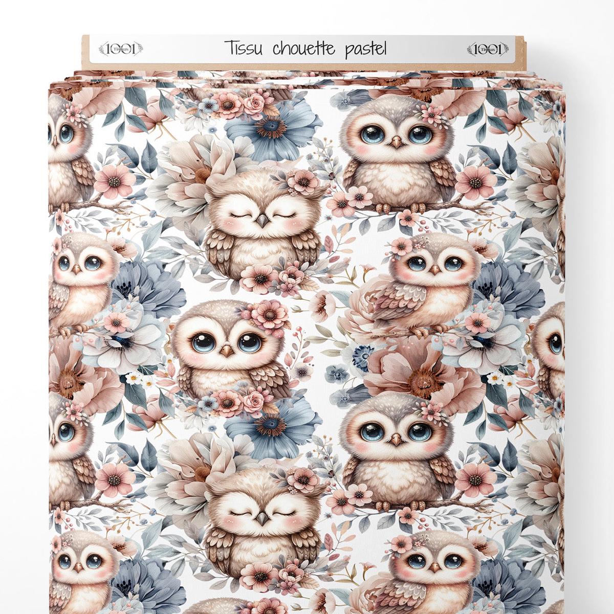 Tissu - chouette pastel