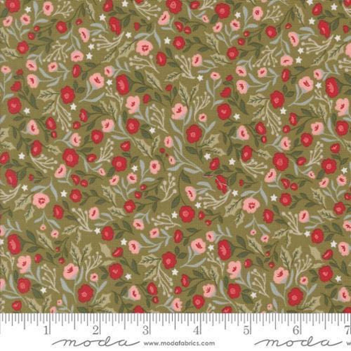 Berry And Pine Posies 5241 Sage - Moda Fabrics - Christmas Flowers Floral Blossoms Leaves Leaf - Quilting Cotton Fabric