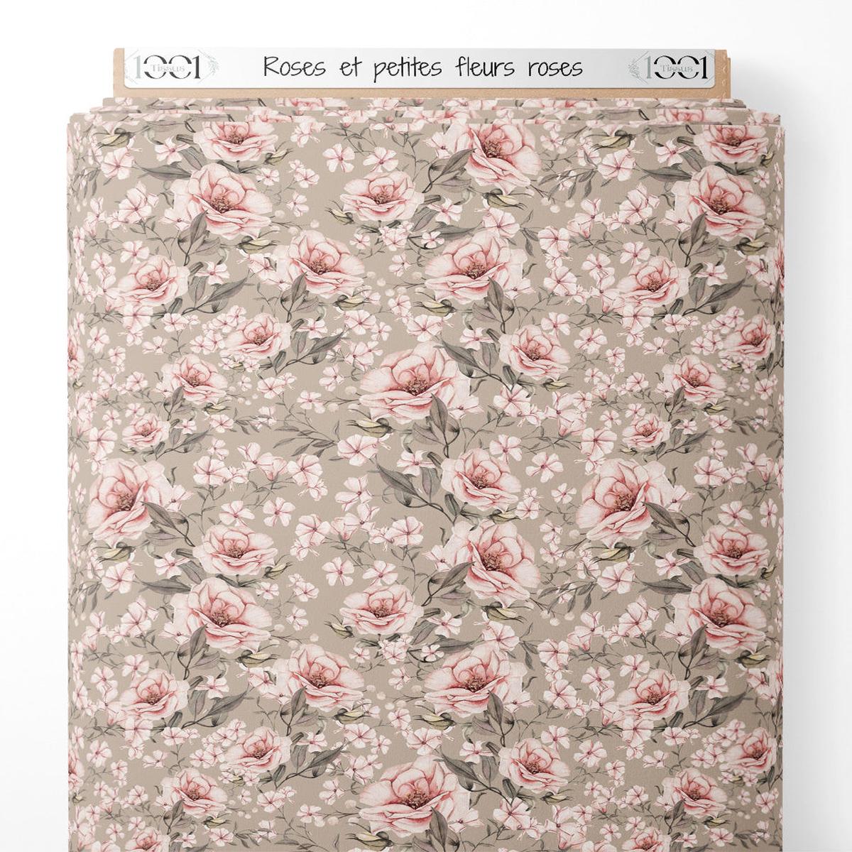 Tissu - Roses et petites fleurs roses