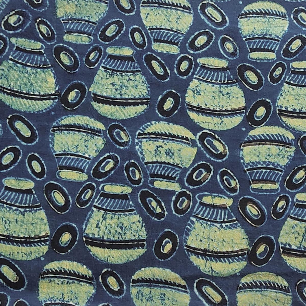 Pure Cotton Ajrak Blue With Green Matka Motif Design Hand Block Print Fabrics