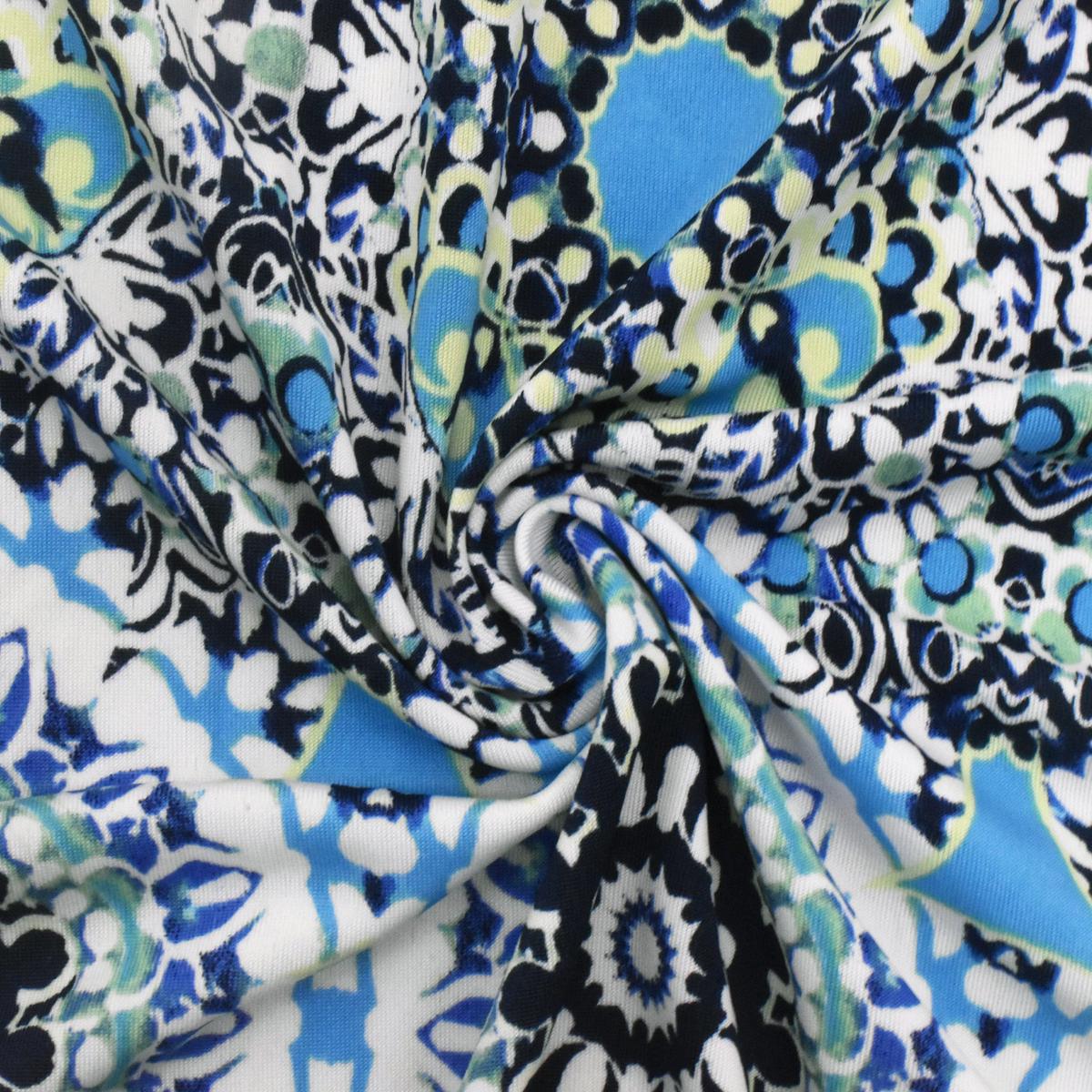 3 1/2 YD PC-Basic White-Ink Blue-Multi Medallion Printed Stretch Activewear Knit Fabric