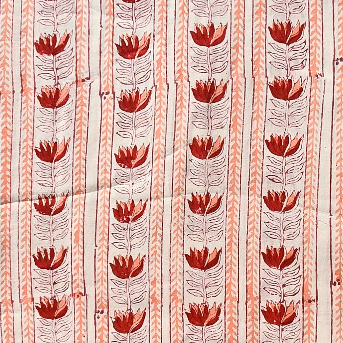 Pure Cotton Jaipuri White With Red Flower Creeper Stripes Hand Block Print Fabric