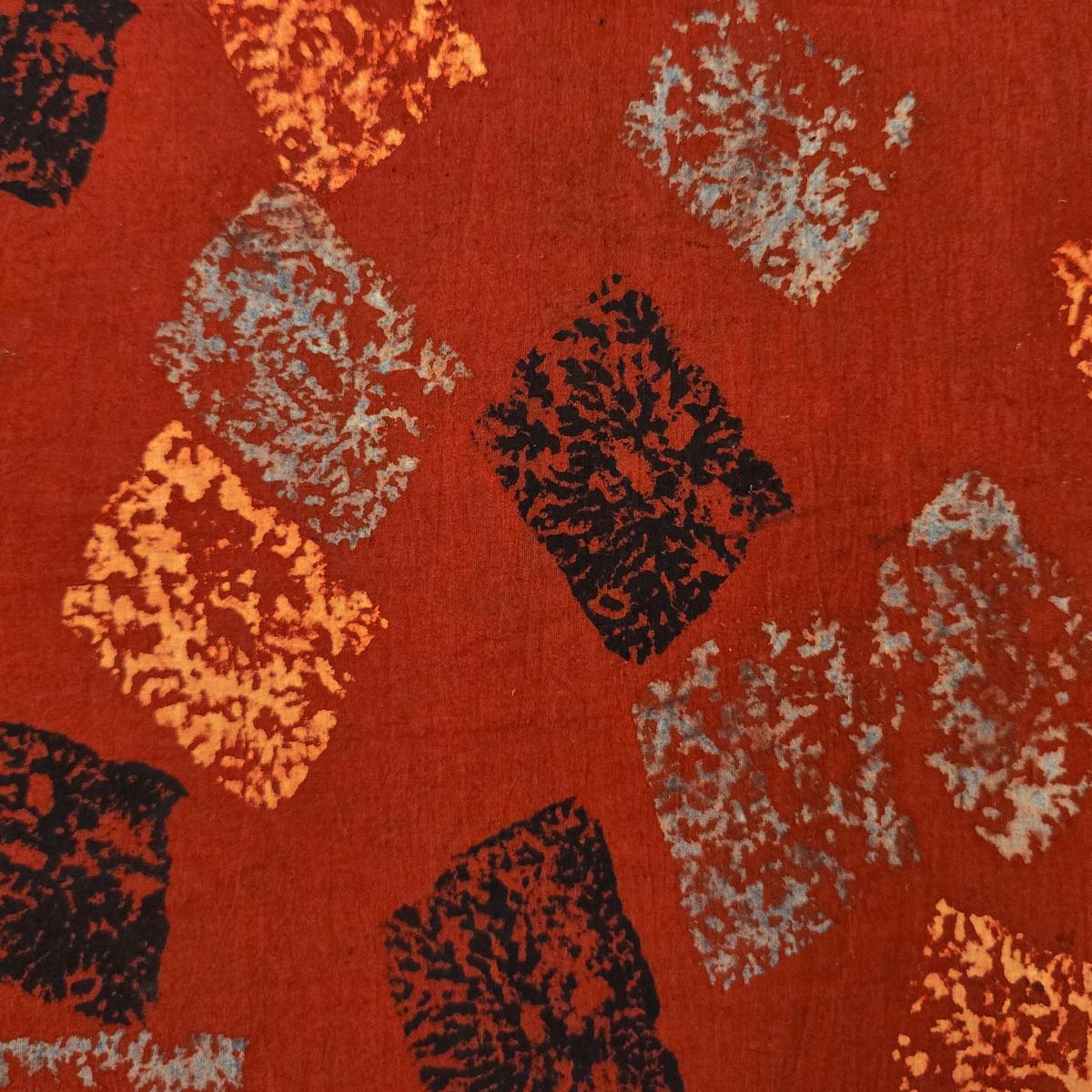 Pure Cotton Ajrak Rust Red With Blue And Black Patches Hand Block Print Fabric