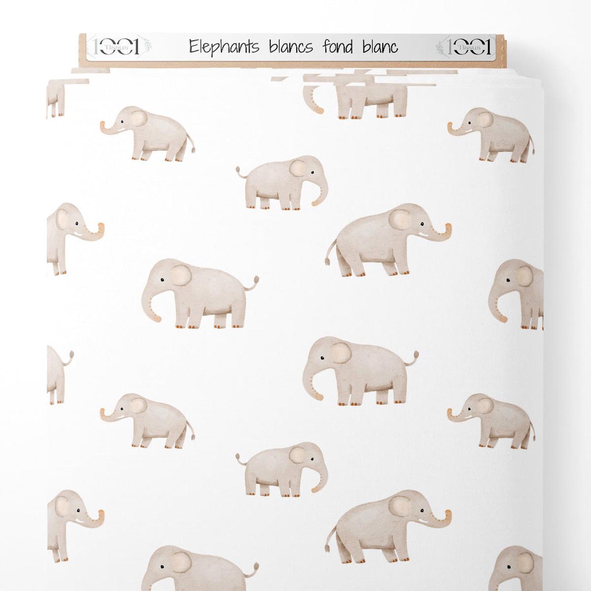 Tissu - lphants blancs sur fond blanc