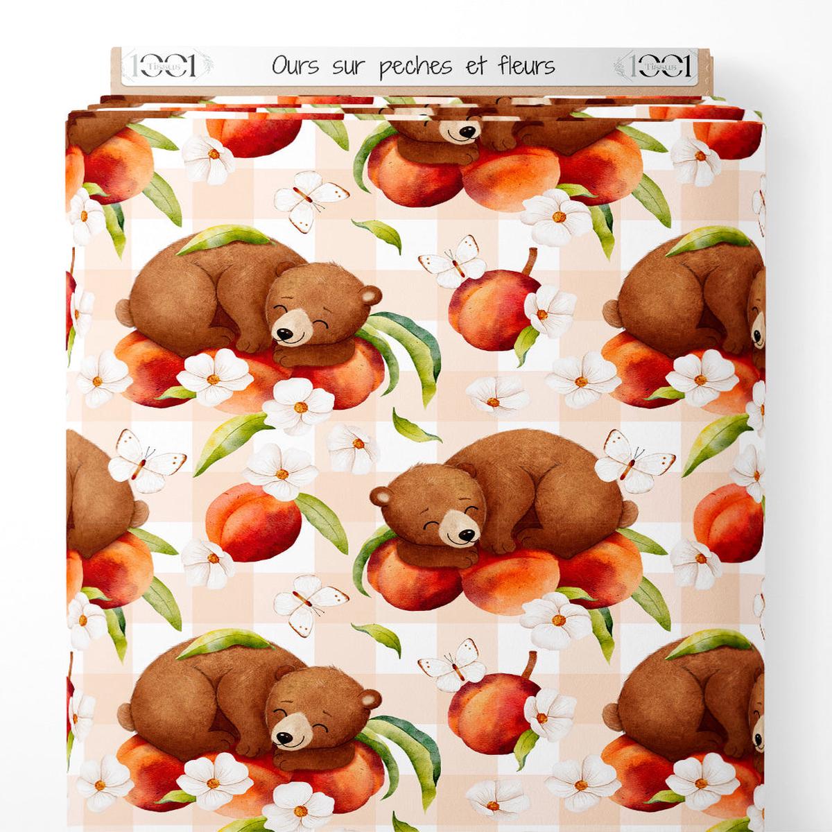 Tissu - Ours sur pches et fleurs