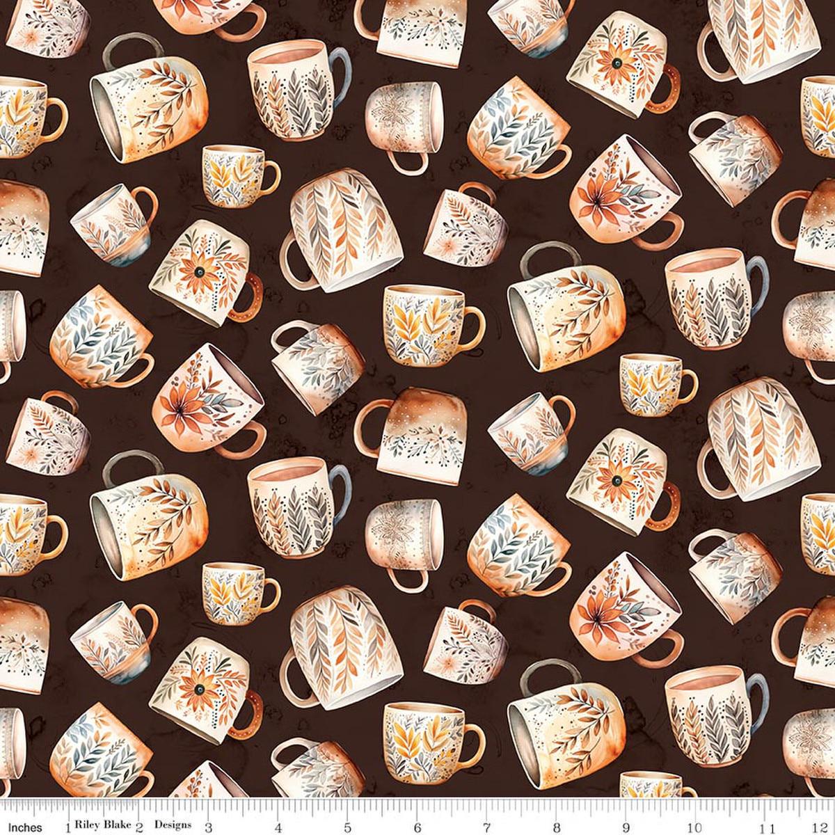 SALE Coffee Time Coffee Mugs Brown DIGITALLY PRINTED Fabric - CD17131 - Riley Blake Quilting Cotton Fabric