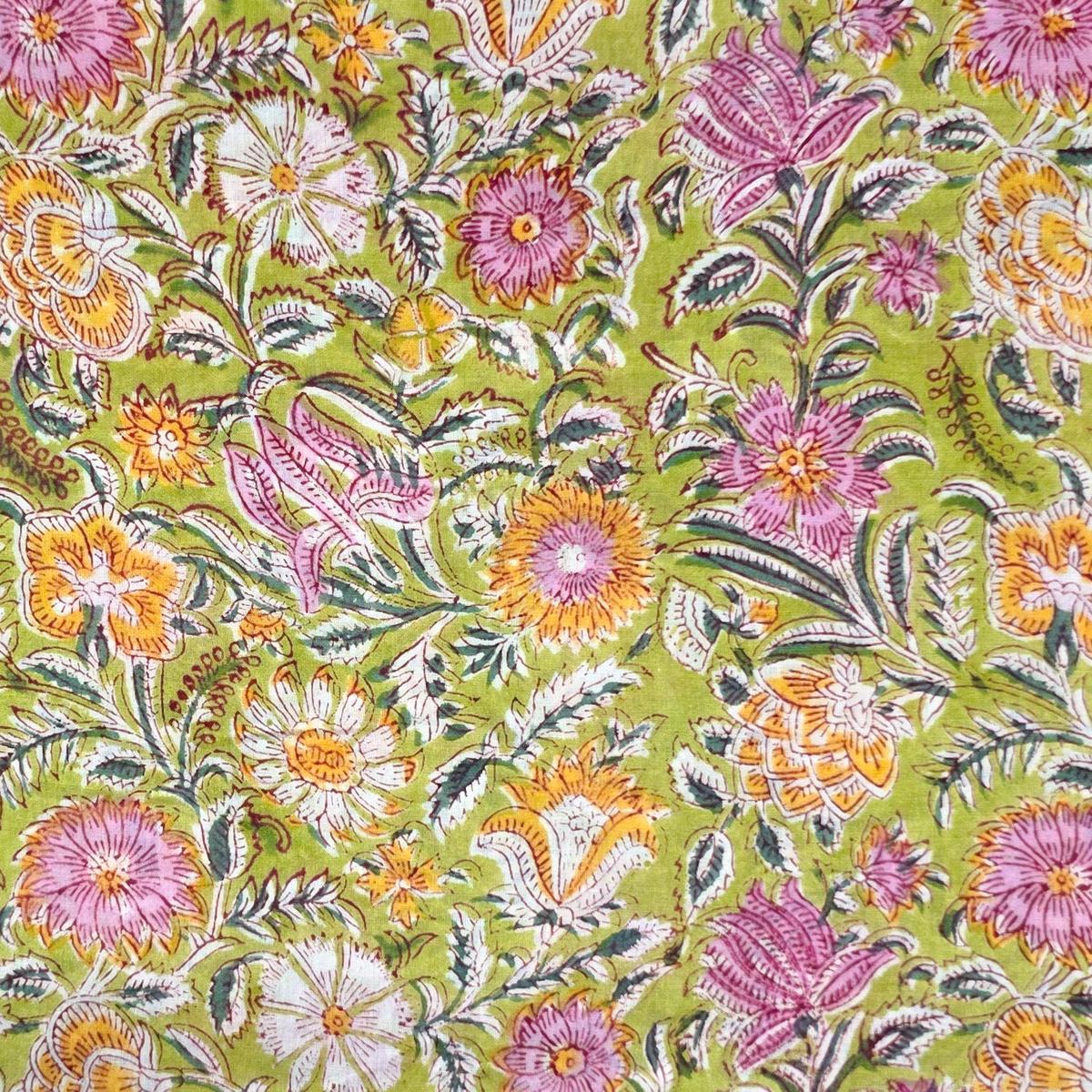 Pure Mul Cotton Jaipuri Green With Different Flower Jaal Hand Block Print Fabric