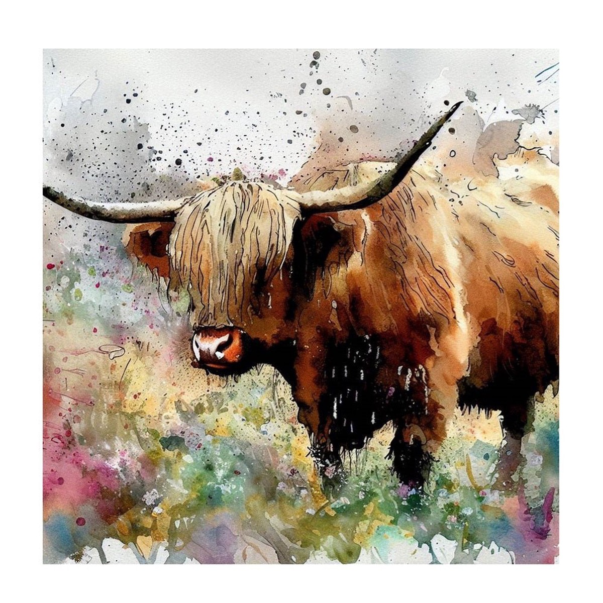 Paint Drip Highland Cow 6 Fabric Panel