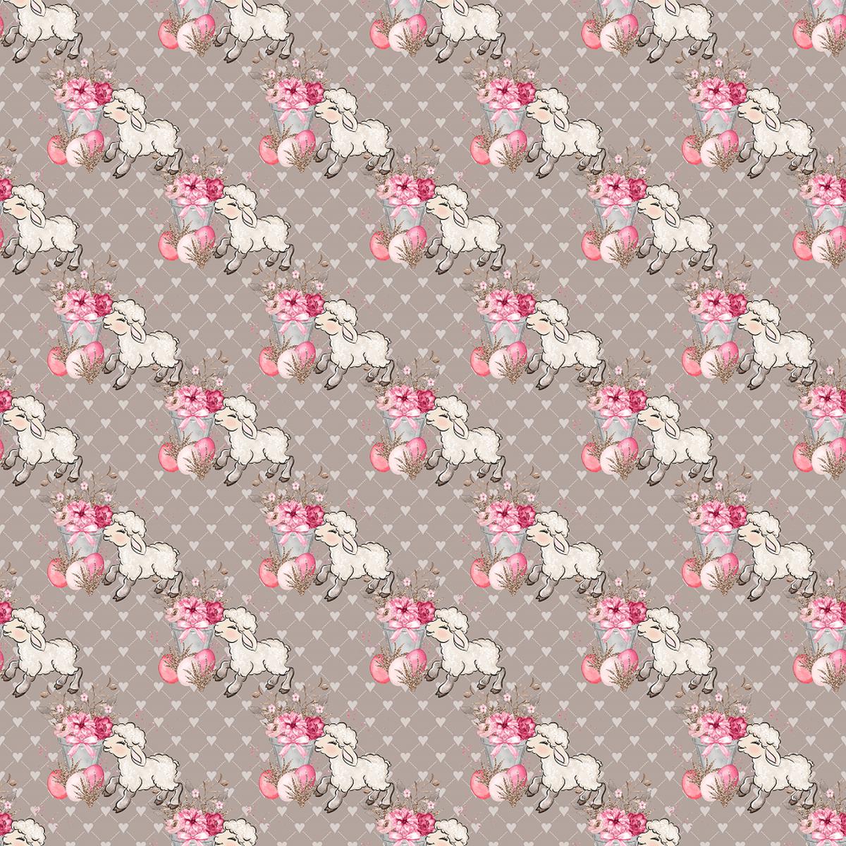 Packed Easter Flowers & Lamb on Hearts Fabric - Gray