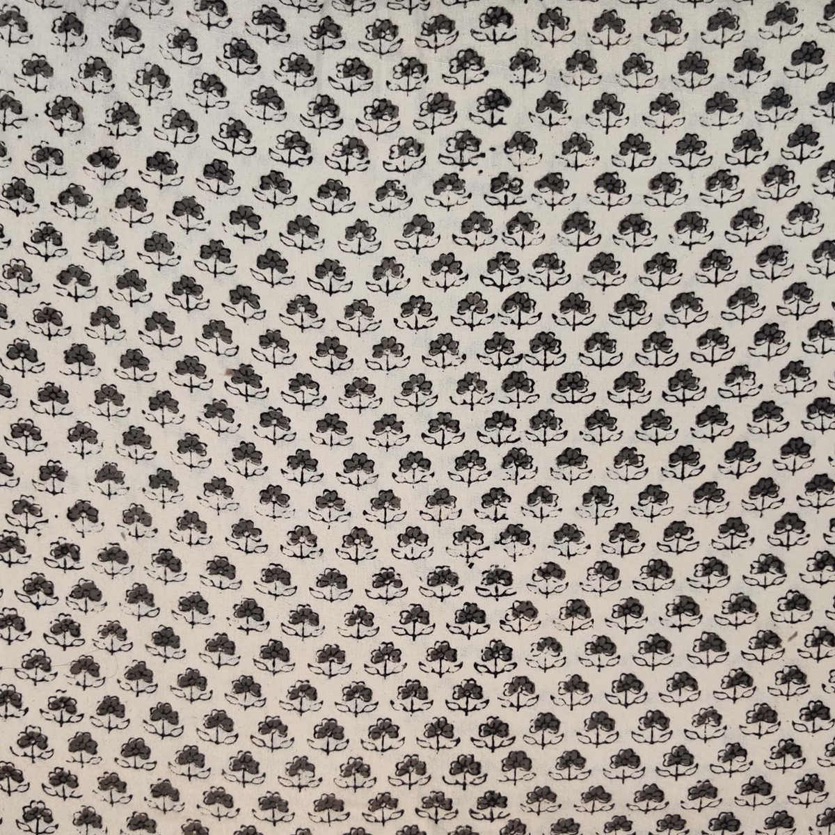 Pure Cotton Ajrak Cream With Grey Tiny Grass Flower Hand Block Print Fabric