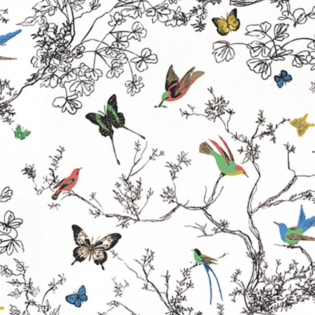 Birds & Butterflies Multi on White Fabric