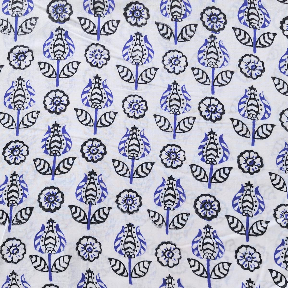 Pure Cotton Jaipuri White With Flower Motif Hand Block Print Fabric