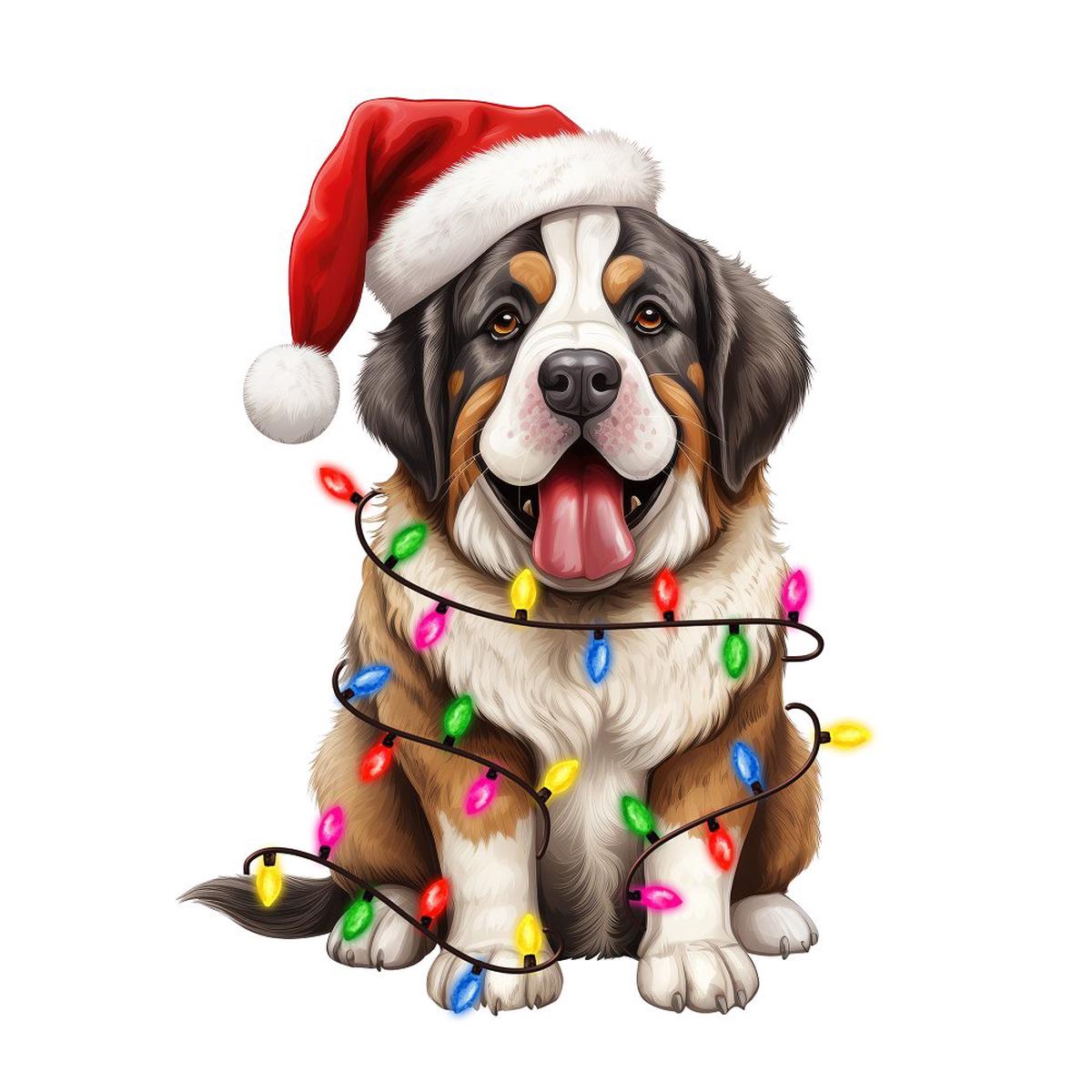 Christmas Lights St Bernard Fabric Panel