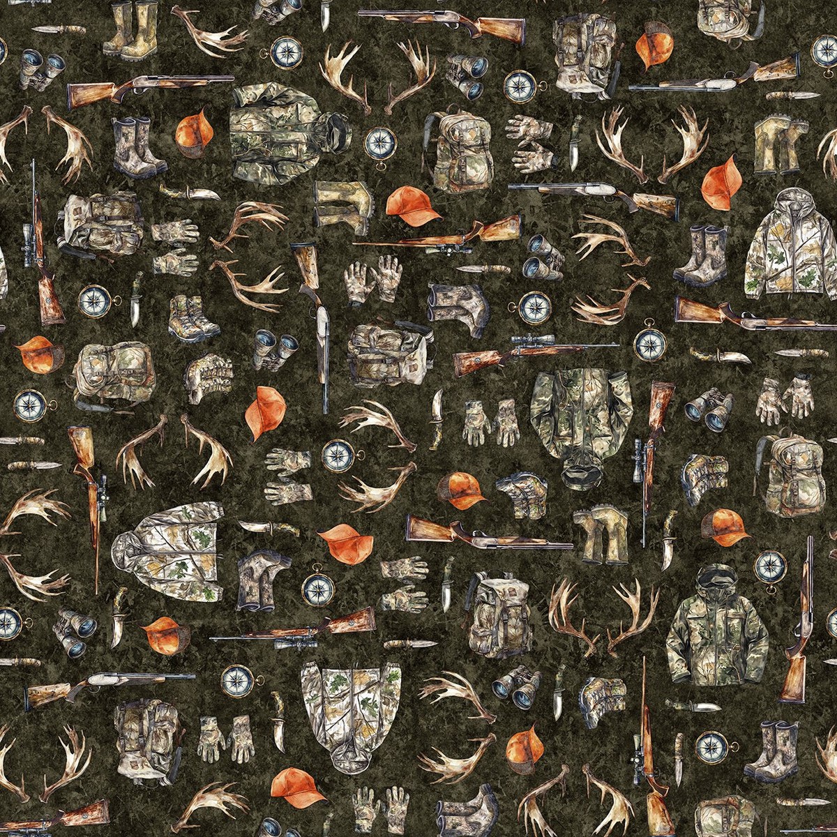 Quilting Treasures Fabric - Forest Field and Stream Hunting Equipment Dark Brown SOLD BY THE HALF YARD