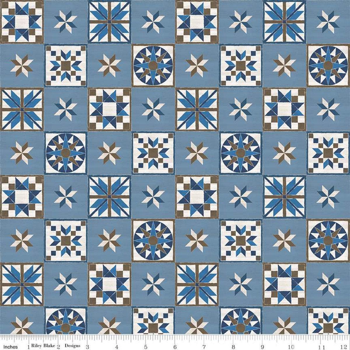 SALE Winter Barn Quilts Blocks C12081 Blue - Riley Blake Designs - PRINTED Star Quilt Blocks - Quilting Cotton Fabric
