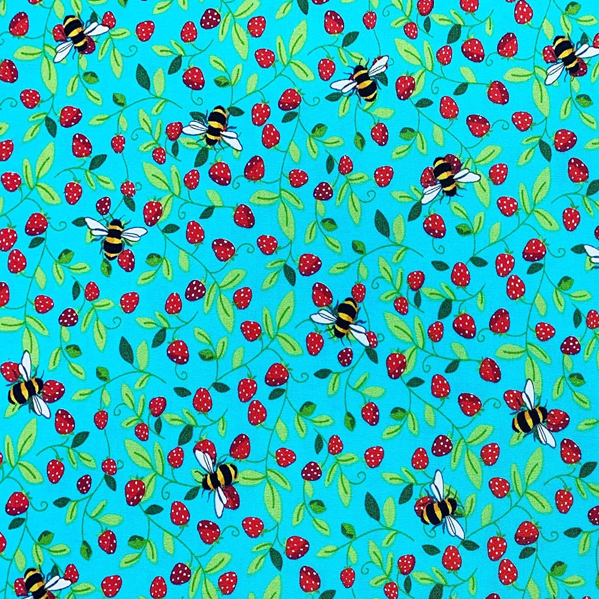 1 Metre Strawberries and Bees on Blue 100% Cotton Poplin Fabric x 110cm