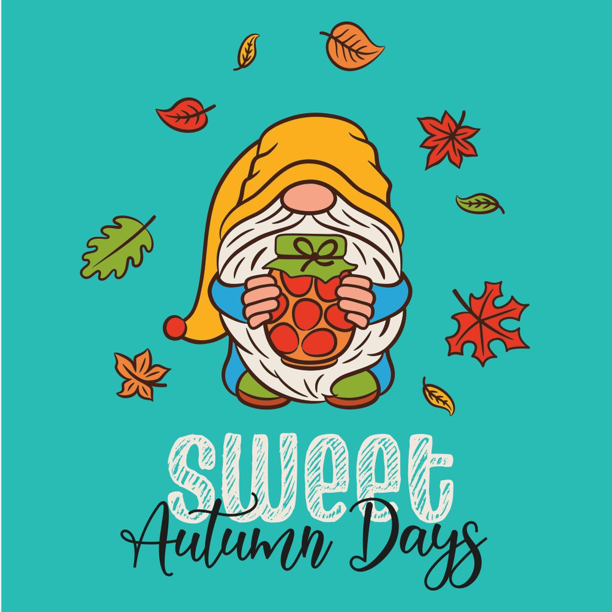 Cute Gnomes Sweet Autumn Days Fabric Panel - Teal