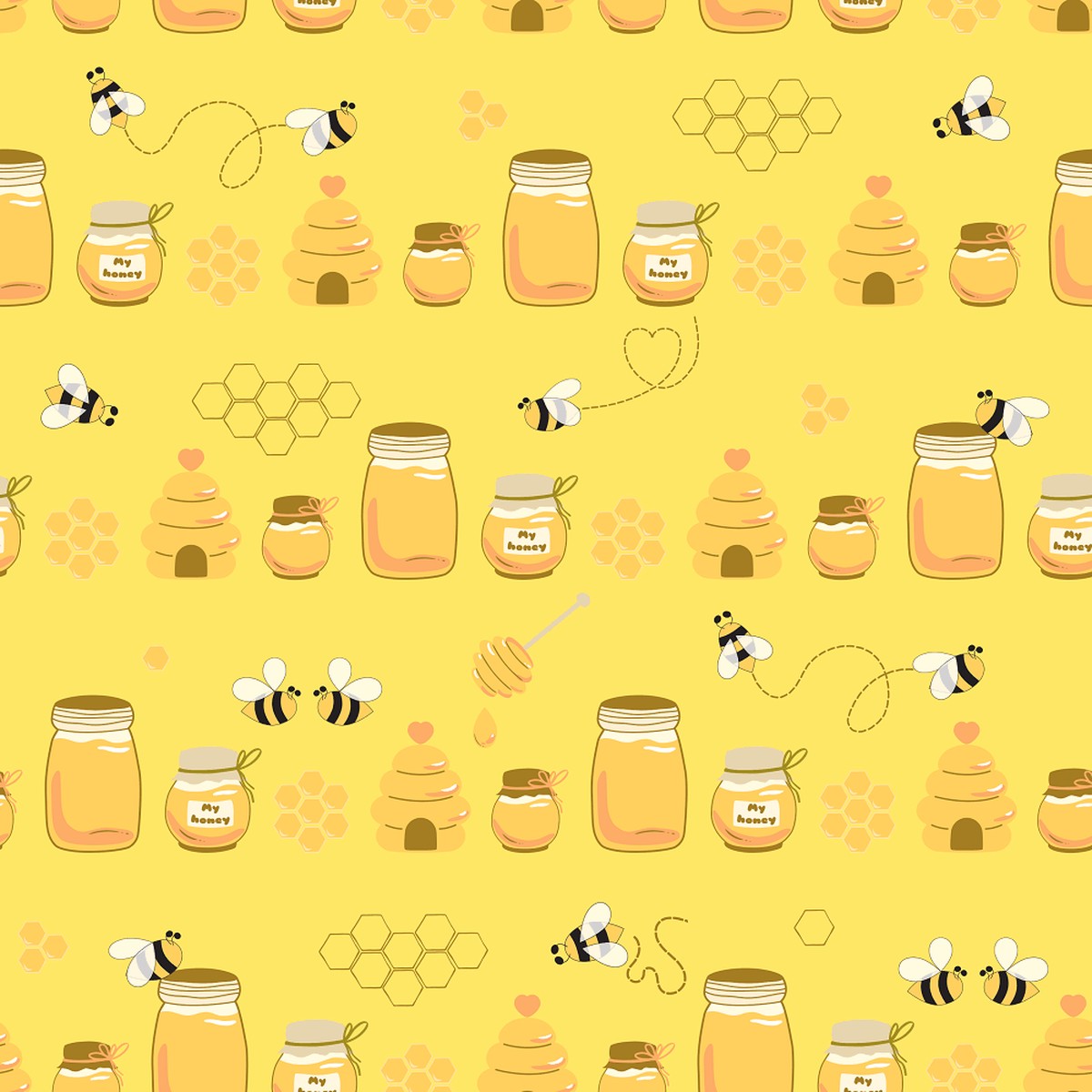 Hand Drawn Cartoon Bee Healthy Honey Fabric - Yellow