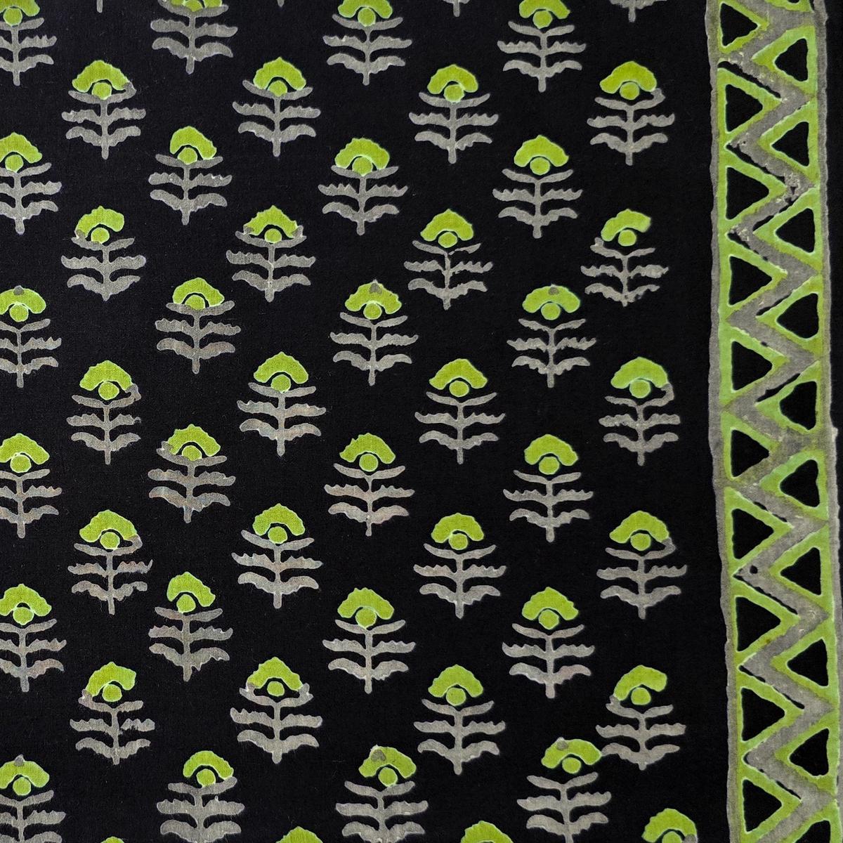 Pure Cotton Black With Green Grey Floral Motifs With Border Hand Block Print Fabric