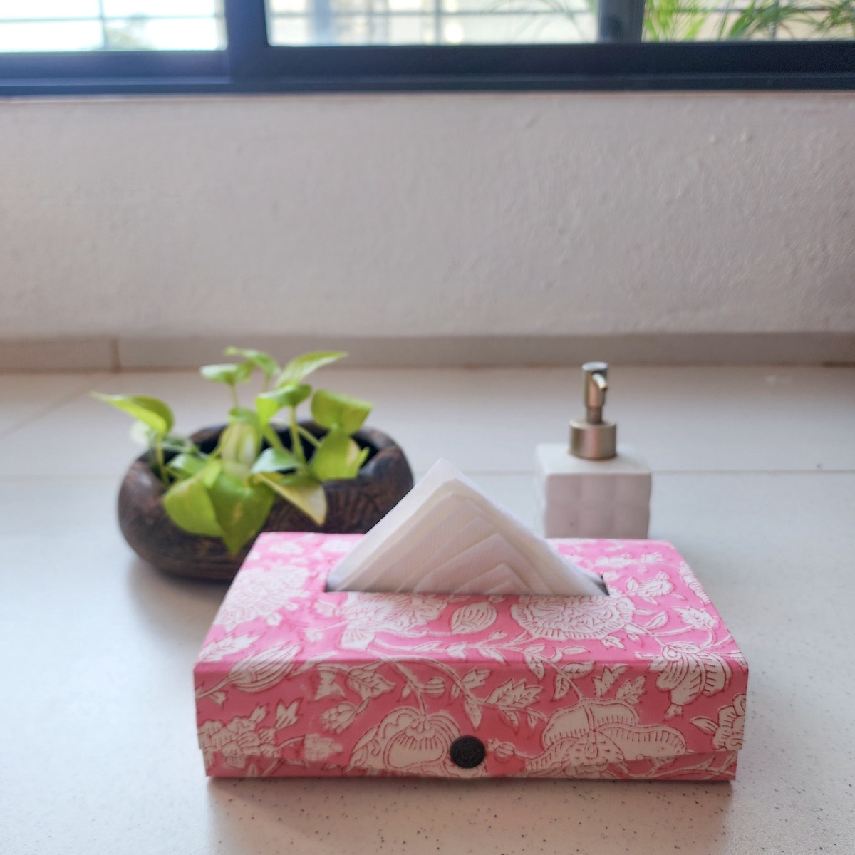 Handmade Jaipuri Pink With White Flower Jaal Tissue Box