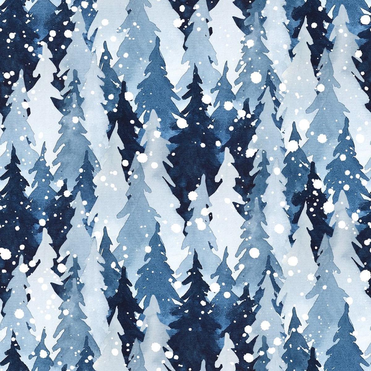 Watercolor Pine Trees Snow Fabric - Blue