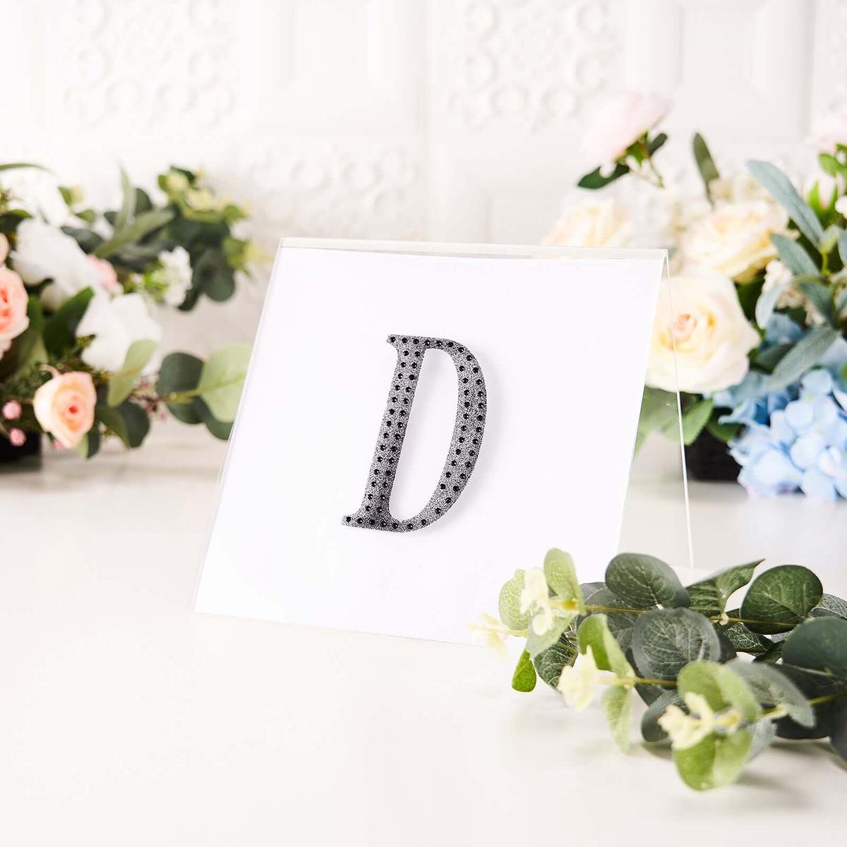 Decorative Rhinestone Alphabet "D" Letter Stickers 4", Black Glitter Adhesive Craft Letters - DIY Sparkle Embellishments