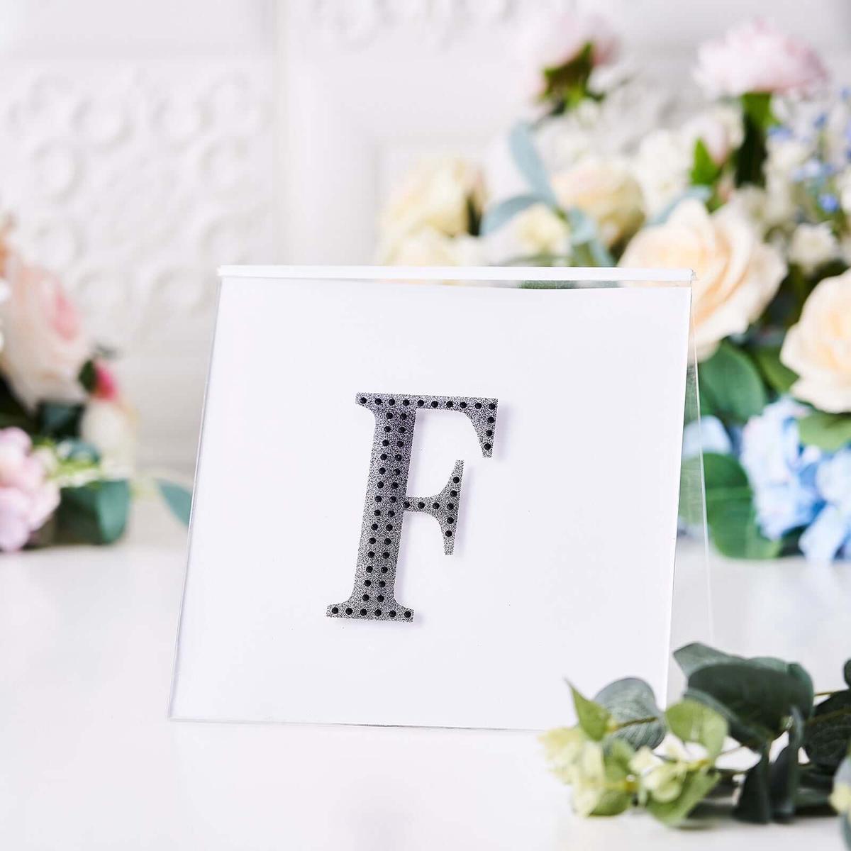Decorative Rhinestone Alphabet "F" Letter Stickers 4", Black Glitter Adhesive Craft Letters - DIY Sparkle Embellishments