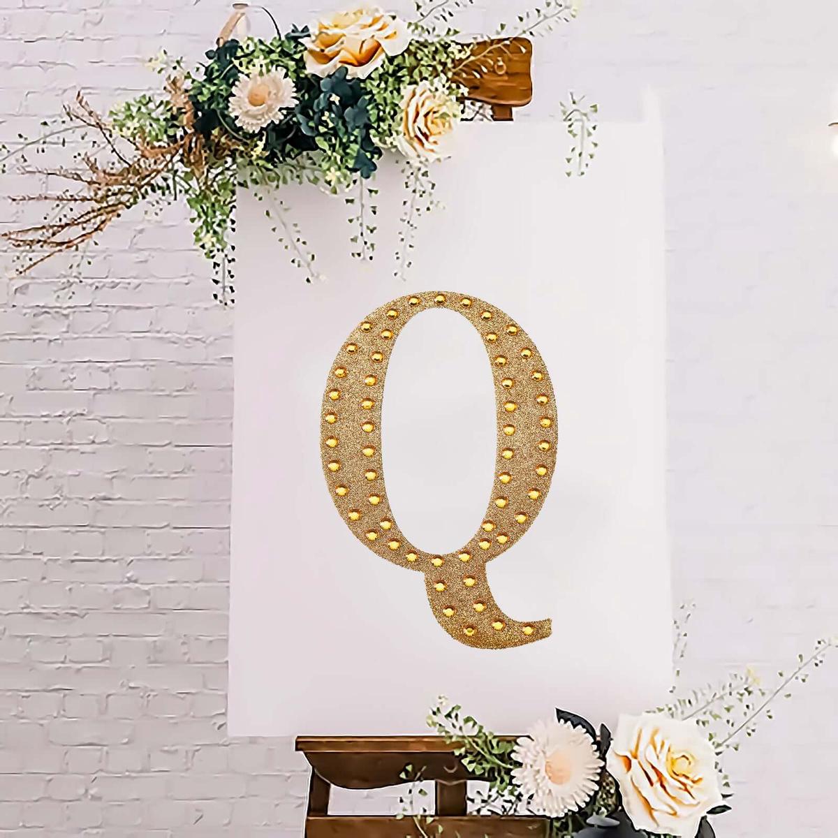 Decorative Rhinestone Alphabet "Q" Letter Stickers 8", Gold Glitter Adhesive Craft Letters - DIY Sparkle Embellishments