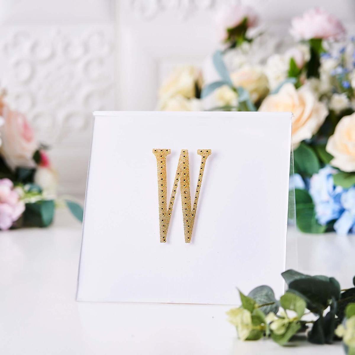 Decorative Rhinestone Alphabet "W" Letter Stickers 4", Gold Glitter Adhesive Craft Letters - DIY Sparkle Embellishments