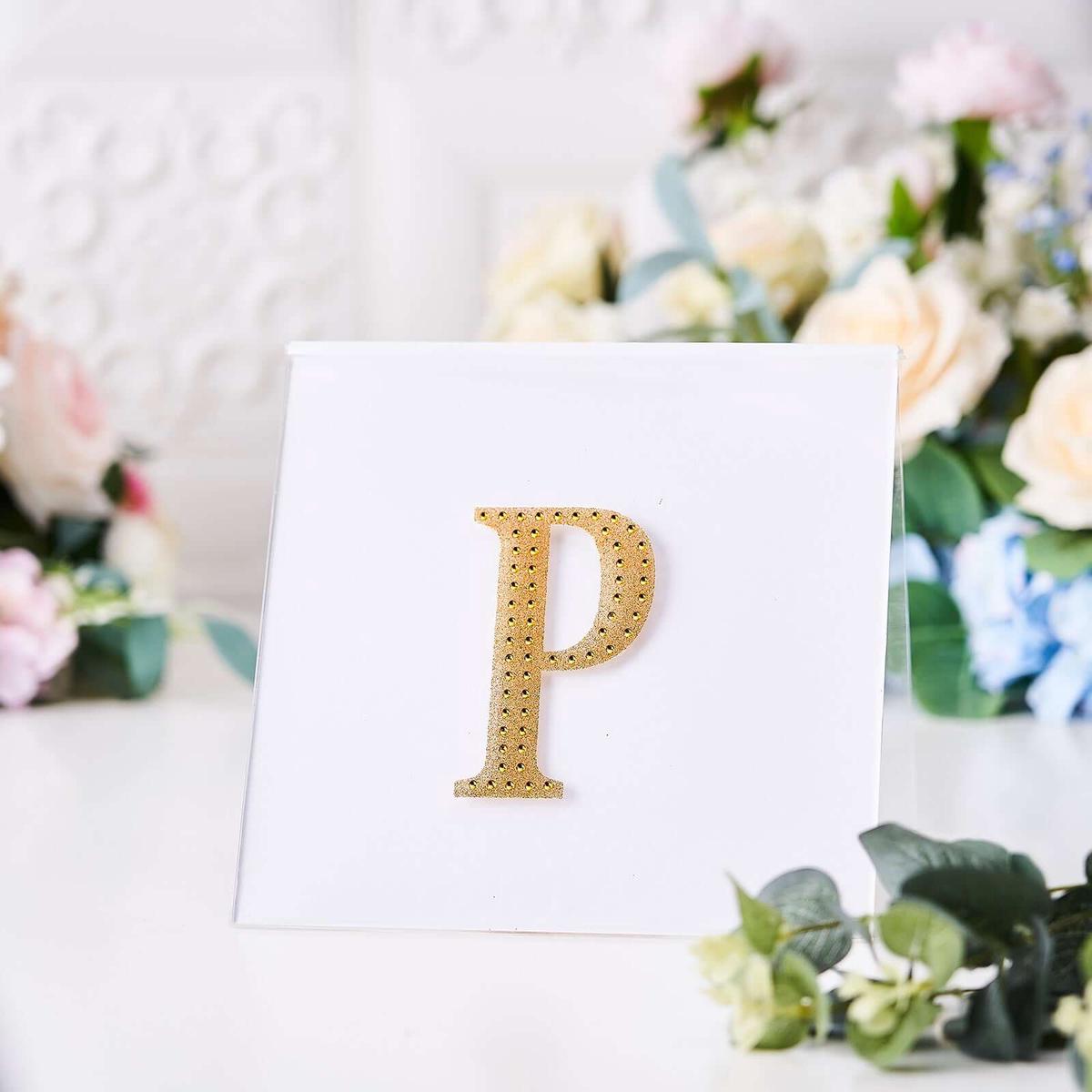 Decorative Rhinestone Alphabet "P" Letter Stickers 4", Gold Glitter Adhesive Craft Letters - DIY Sparkle Embellishments
