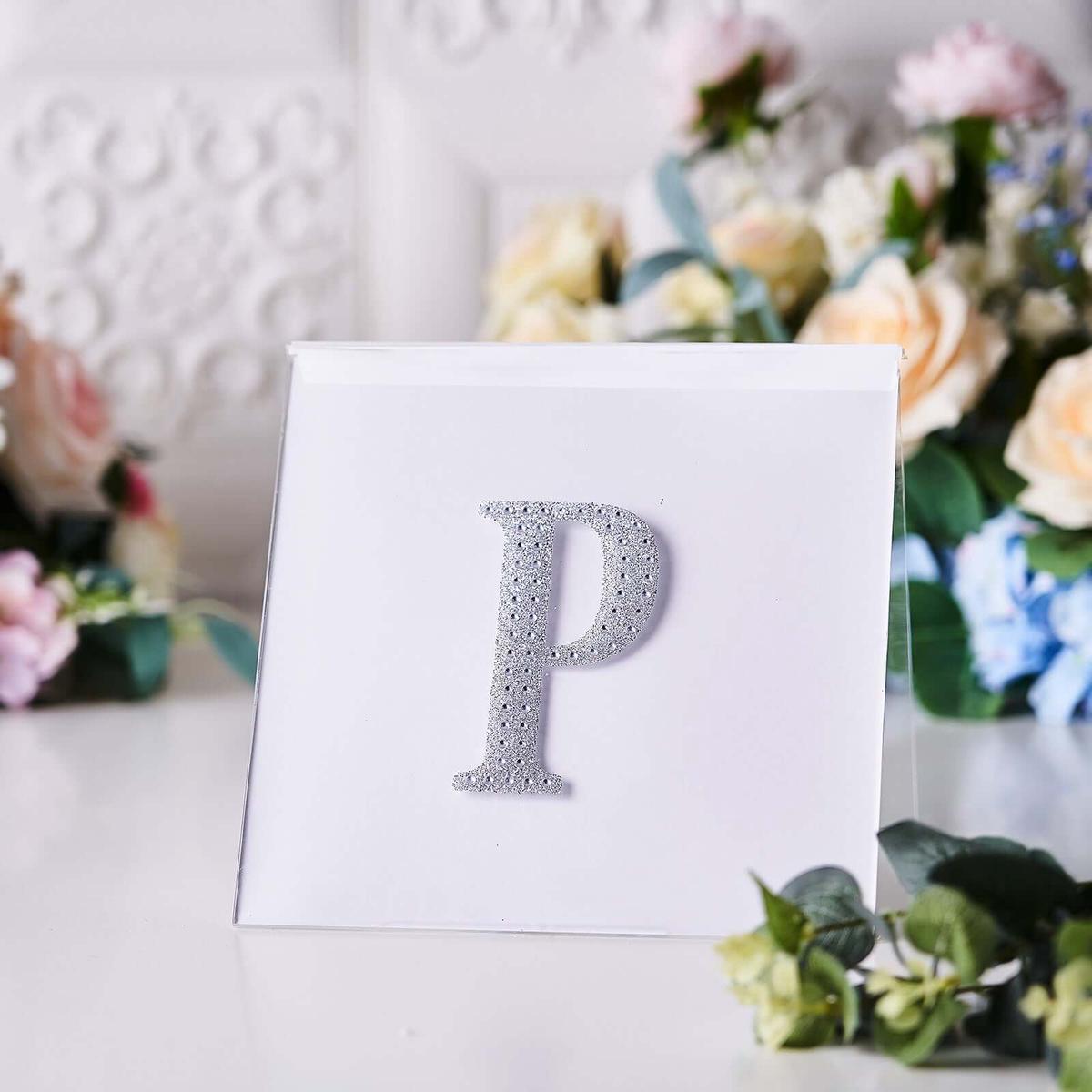 Decorative Rhinestone Alphabet "P" Letter Stickers 4", Silver Glitter Adhesive Craft Letters - DIY Sparkle Embellishments