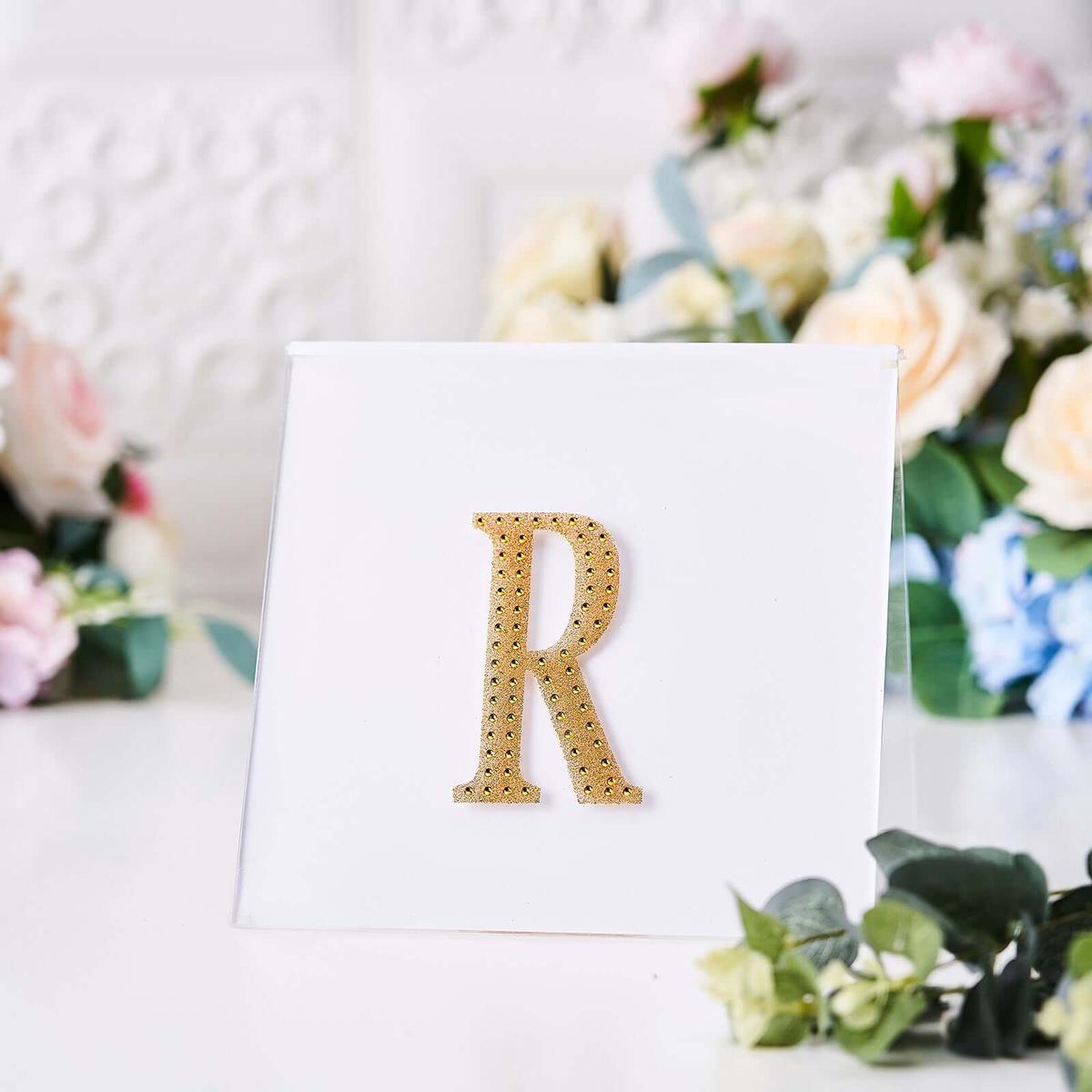 Decorative Rhinestone Alphabet "R" Letter Stickers 4", Gold Glitter Adhesive Craft Letters - DIY Sparkle Embellishments