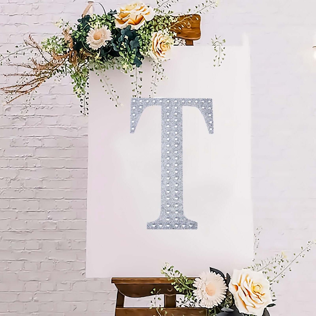 Decorative Rhinestone Alphabet "T" Letter Stickers 8", Silver Glitter Adhesive Craft Letters - DIY Sparkle Embellishments
