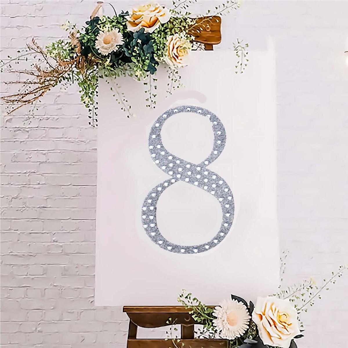 Decorative Rhinestone Number "8" Stickers 8", Silver Glitter Adhesive Craft Numbers - DIY Sparkle Embellishments