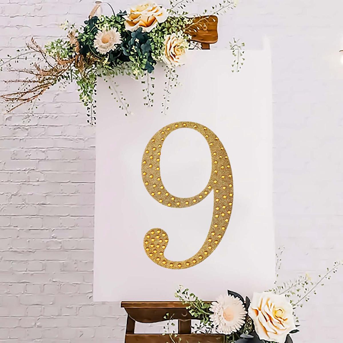 Decorative Rhinestone Number "9" Stickers 8", Gold Glitter Adhesive Craft Numbers - DIY Sparkle Embellishments