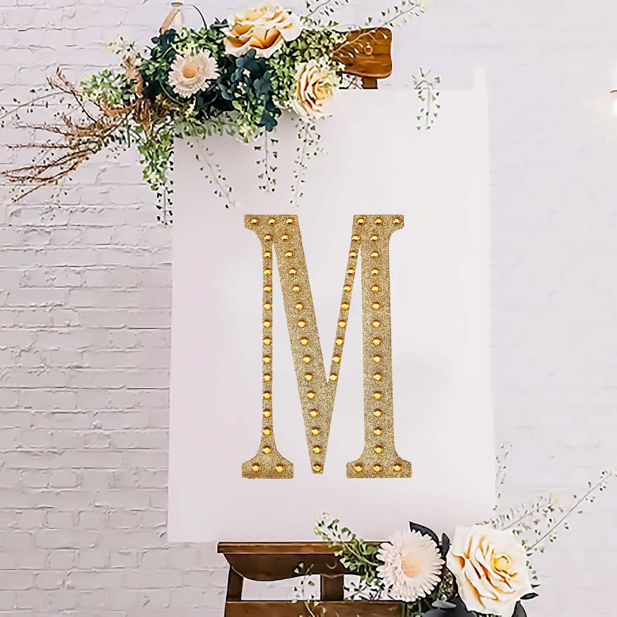 Decorative Rhinestone Alphabet "M" Letter Stickers 8", Gold Glitter Adhesive Craft Letters - DIY Sparkle Embellishments