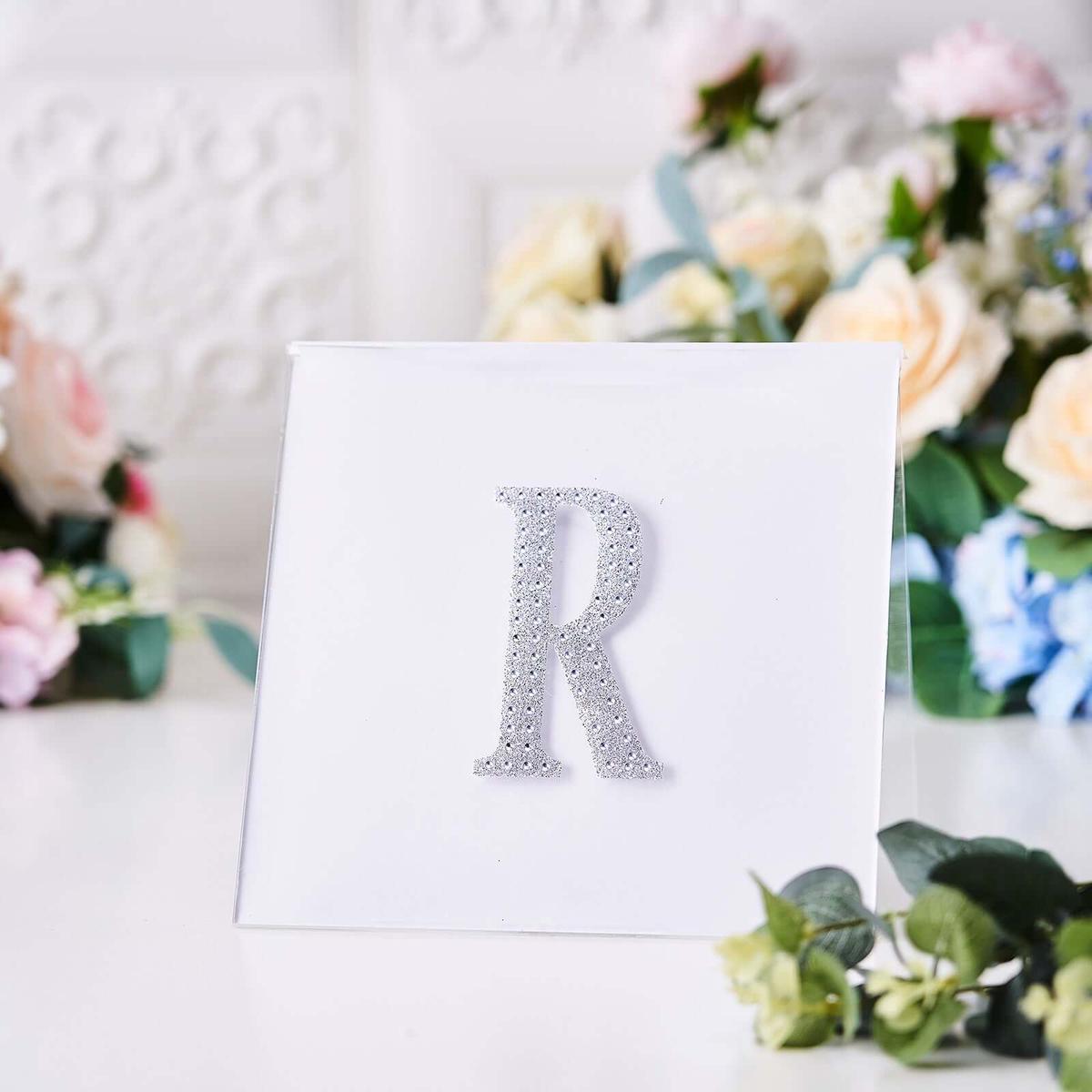 Decorative Rhinestone Alphabet "R" Letter Stickers 4", Silver Glitter Adhesive Craft Letters - DIY Sparkle Embellishments