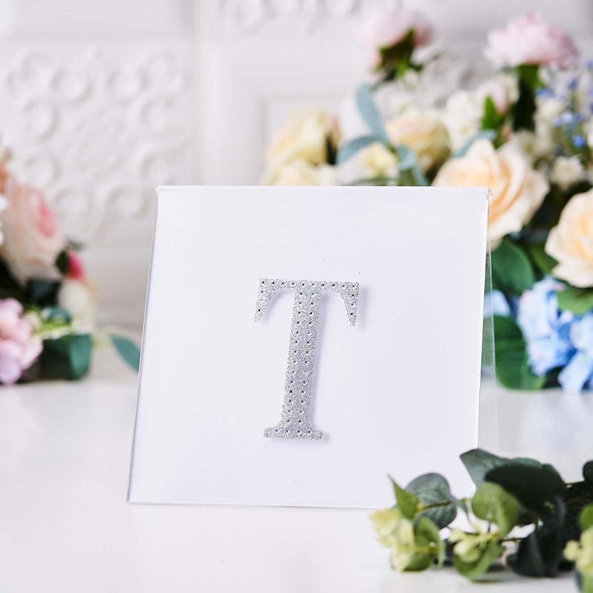 Decorative Rhinestone Alphabet "T" Letter Stickers 4", Silver Glitter Adhesive Craft Letters - DIY Sparkle Embellishments