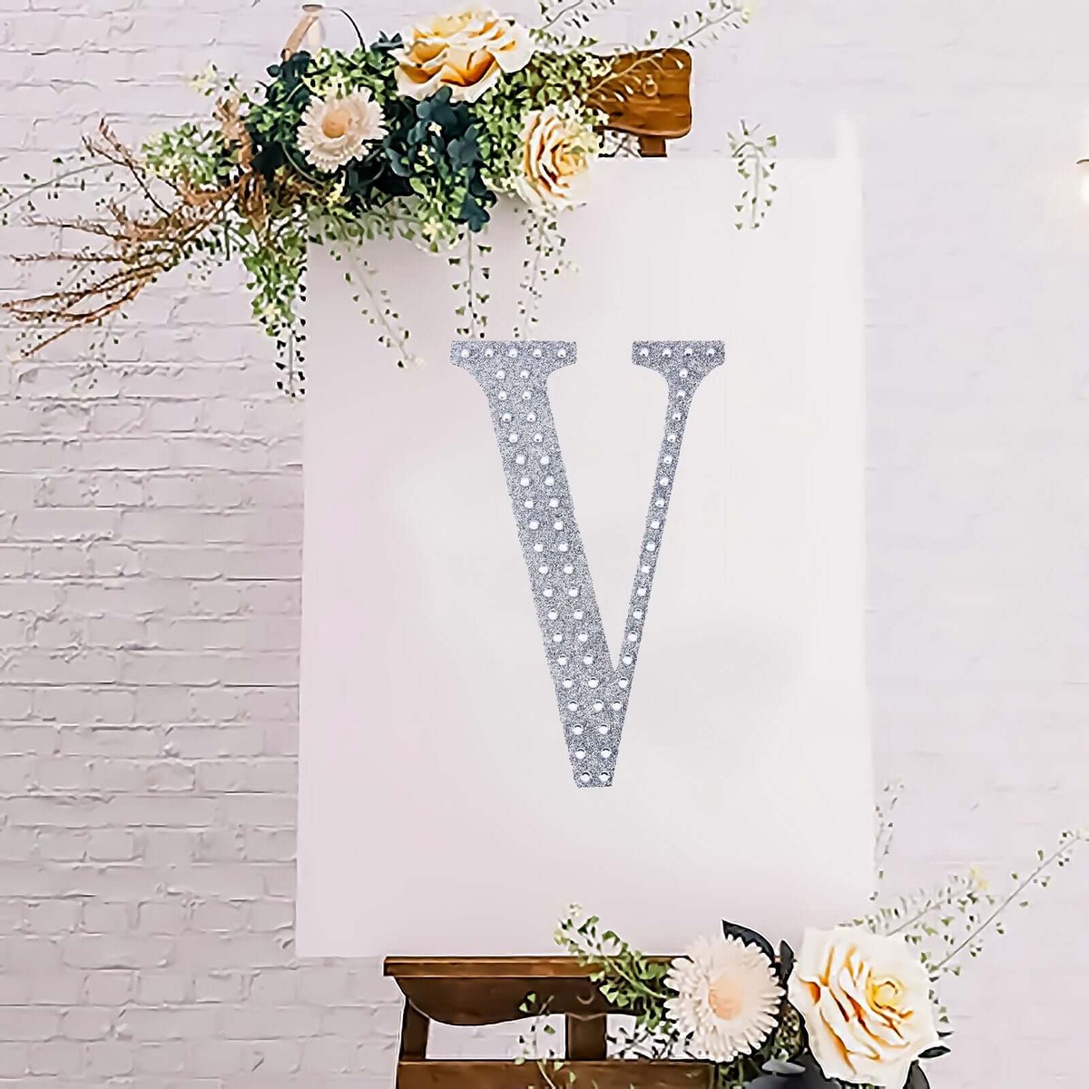 Decorative Rhinestone Alphabet "V" Letter Stickers 8", Silver Glitter Adhesive Craft Letters - DIY Sparkle Embellishments
