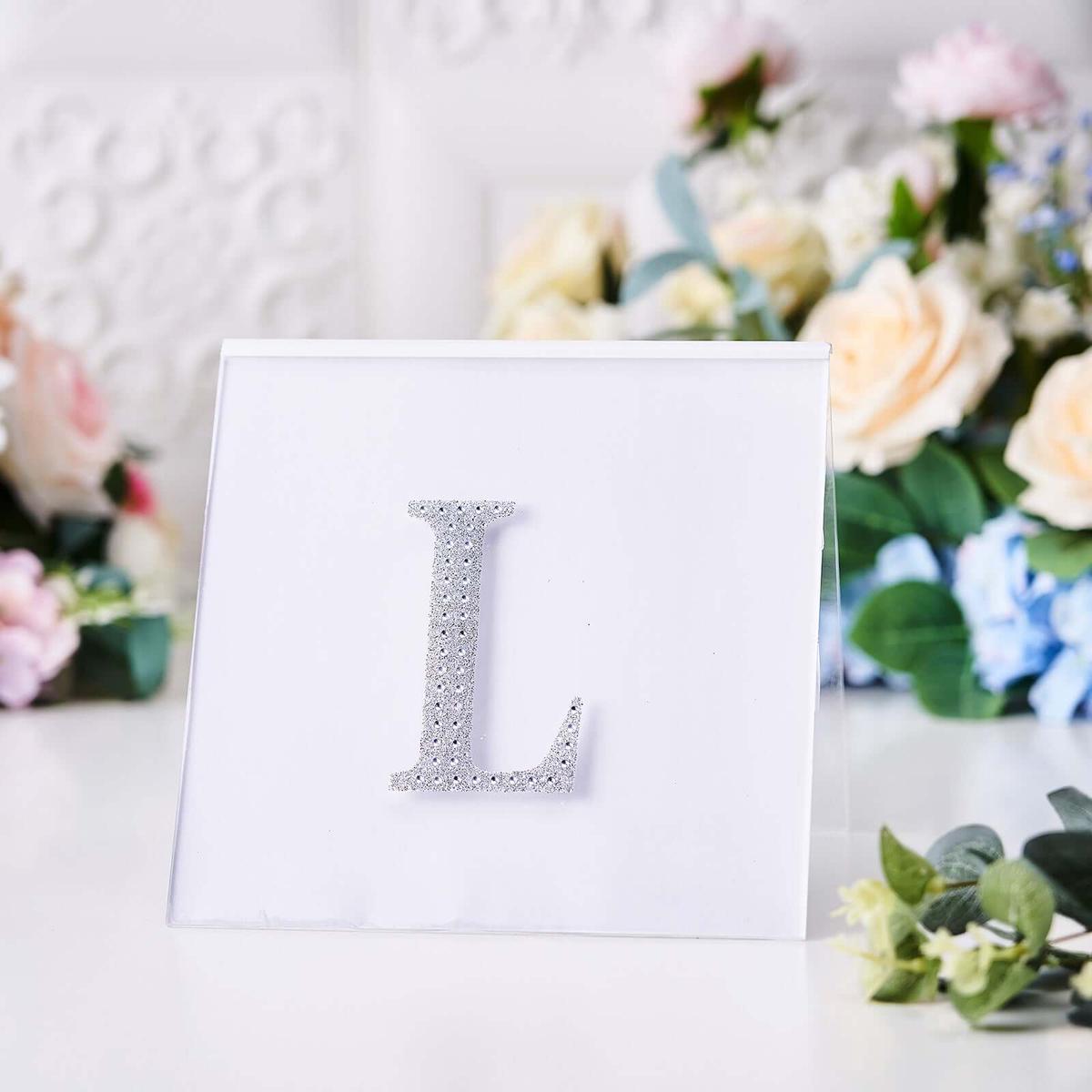 Decorative Rhinestone Alphabet "L" Letter Stickers 4", Silver Glitter Adhesive Craft Letters - DIY Sparkle Embellishments