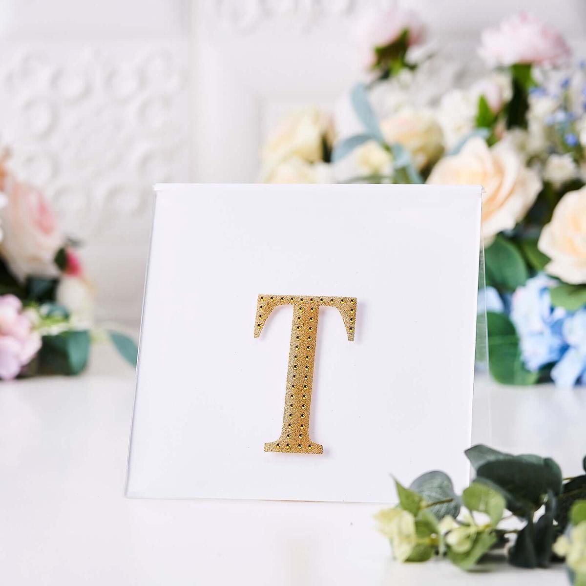 Decorative Rhinestone Alphabet "T" Letter Stickers 4", Gold Glitter Adhesive Craft Letters - DIY Sparkle Embellishments