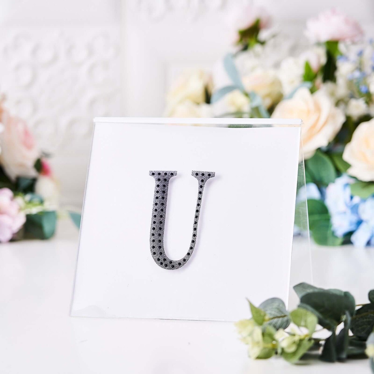 Decorative Rhinestone Alphabet "U" Letter Stickers 4", Black Glitter Adhesive Craft Letters - DIY Sparkle Embellishments