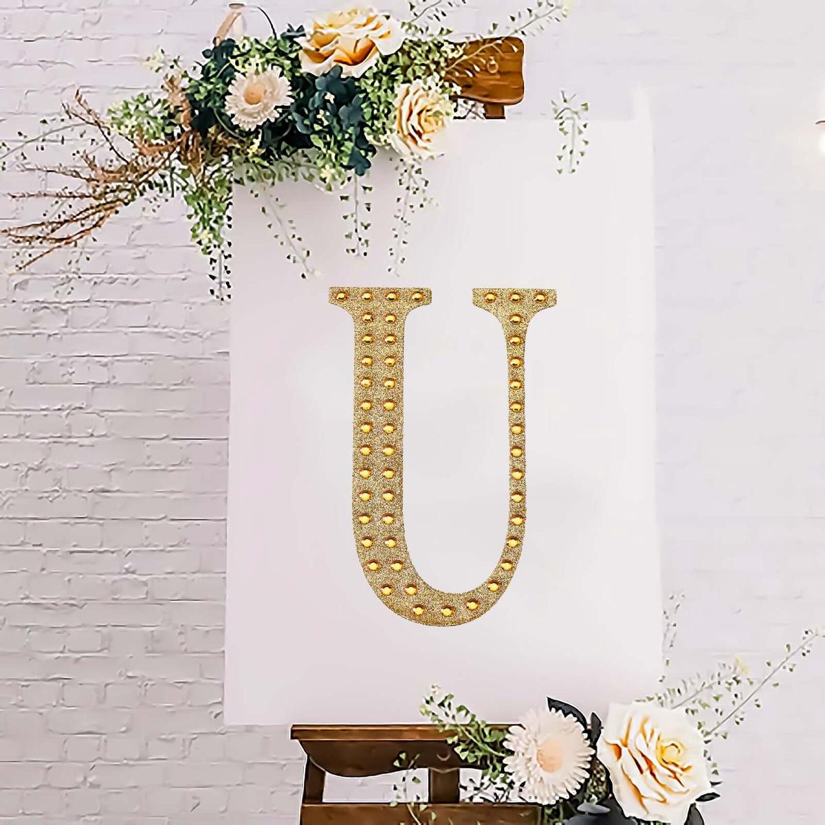 Decorative Rhinestone Alphabet "U" Letter Stickers 8", Gold Glitter Adhesive Craft Letters - DIY Sparkle Embellishments